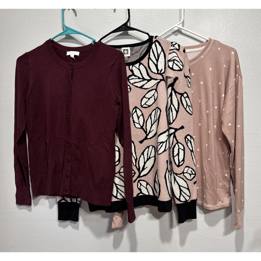 Lot of 3 Womens Knit Top Sweaters Cardigan Sleepwear Size S Pink Red Fall Casual